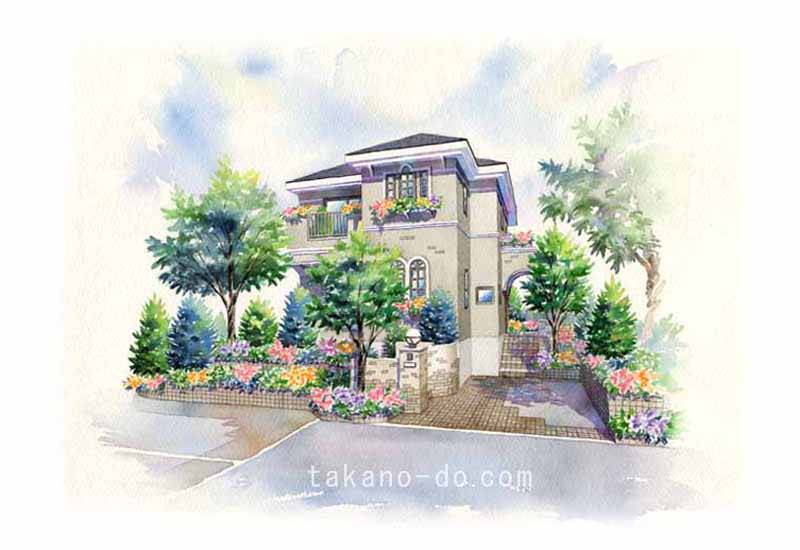 P-01 手書きパース 住宅 手描きパース 戸建て 水彩 建築パース