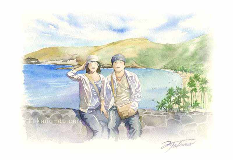 S-02 ハワイ オアフ島 ハナウマベイ 風景 水彩画 手描きイラスト