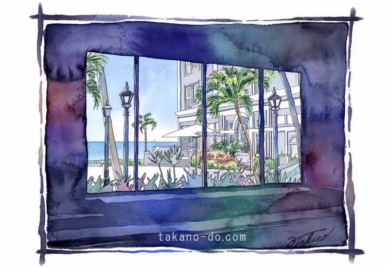 S-08 モアナ サーフライダー ホテル 風景 水彩画 中庭 海 手描きイラスト
